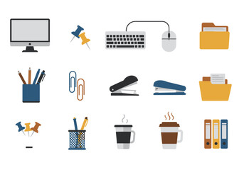 Desk scene featuring computer pins staplers coffee cup and file folders