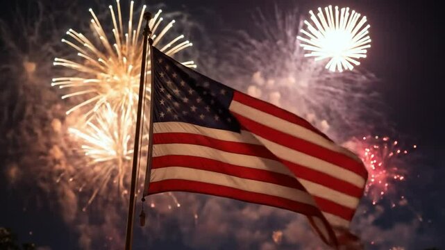 The American flag flutters in the night sky filled with colorful fireworks and sparkling lights, symbolizing celebration, patriotism, and national pride. 4k video