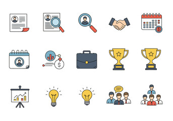 Illustration features a grid of icons related to business and career management