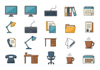Office elements computers keyboards lamps files desk chair coffee cup calendars and office supplies are present