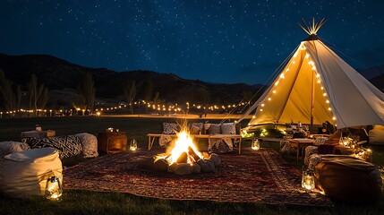 Glamping Site with Fire and Tent Under Starry Night Sky