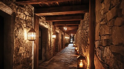 Walking Through Stone Hallway Lit by Lanterns and Candles