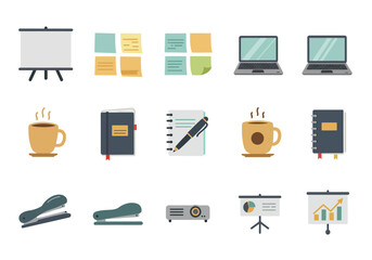 Office items including laptops coffee notebooks staplers projector and presentation boards