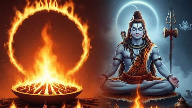 Lord Shiva in deep meditation beside flickering agni sacred fire ring and divine aura spiritual