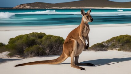 Kangaroo in beautiful beach landscape with sea and mountain background at Lucky Bay