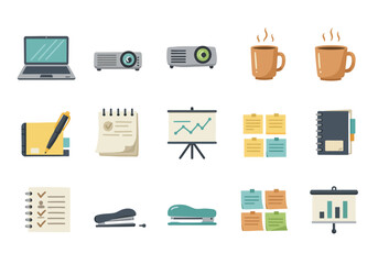 Office supplies stationery and devices laid out in neat rows