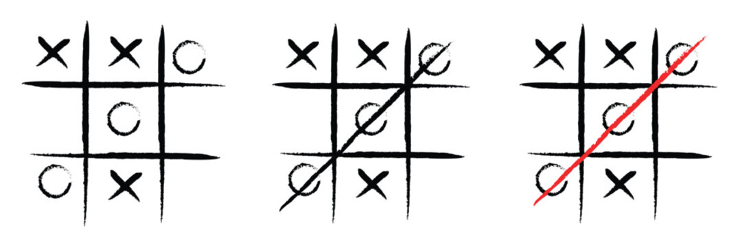 Hand Drawn Tic Tac Toe Doodle Game – Sketch Style X O Kids Play Icon Set
