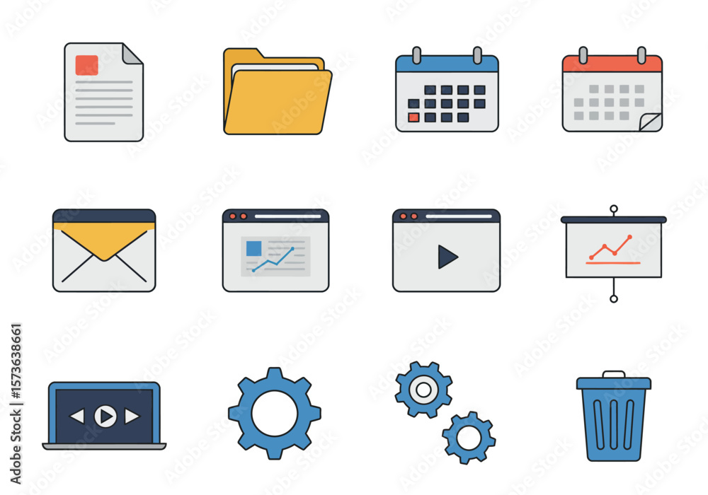 Fototapete Twelve distinct icons arranged in four rows of three each a graphic symbol representing file folder or tools