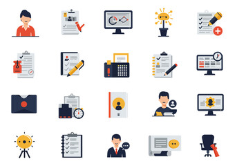 The image features 20 colorful icons ranging from documents to people to a chair