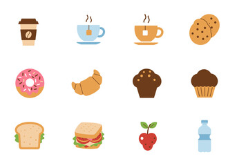 Twelve cartoon images coffee tea cookies donut croissant muffin sandwich cherry and water bottle