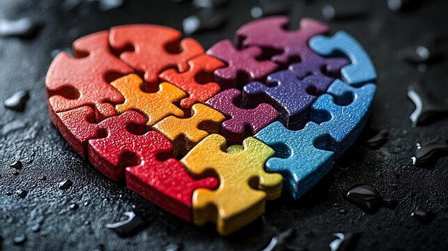 Colorful Puzzle Pieces Forming a Heart Shape on a Dark with Reflective Surface.