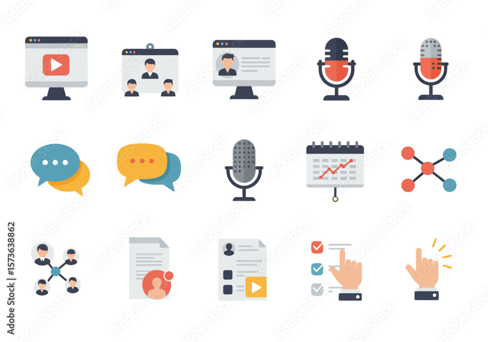 Poster vector icons video call media and productivity tools are arranged on a white background