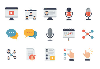 Vector icons video call media and productivity tools are arranged on a white background