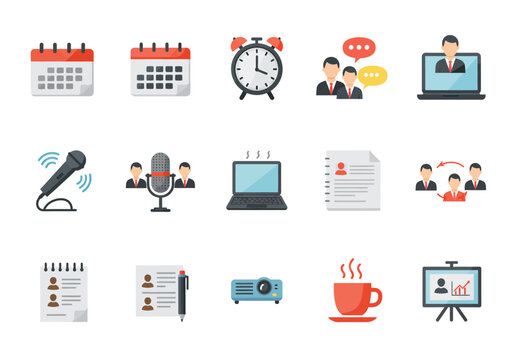 Vector icons of meetings presentations and planning tools arranged on a white background