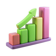 Photo of a colorful bar graph with a green arrow pointing upwards shows business growth and success isolated on transparent background