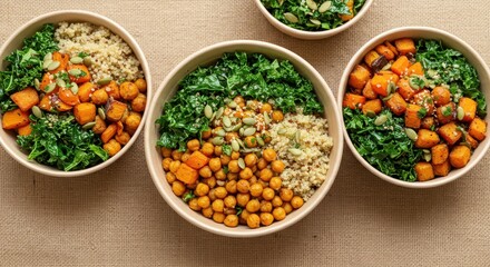 Colorful and Nutritious Vegetarian Bowls Featuring Kale, Chickpeas, Quinoa, Sweet Potato, and Seeds on a Textured Background