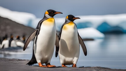 Penguins resting and walking on snowy landscape with Antarctic mountains in background