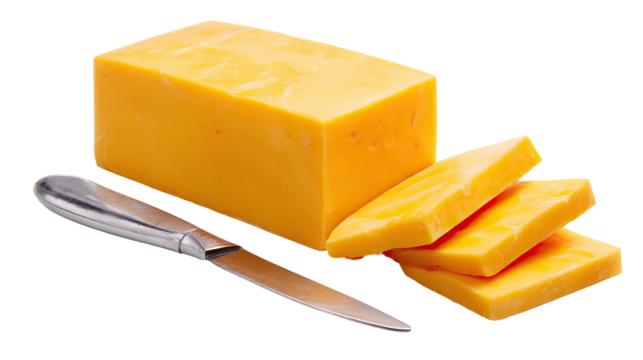 Cheddar cheese block or slice isolated on transparent background

