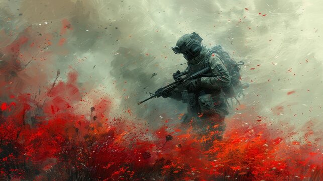 Soldier emerges through haze of red. Gun forward, tactical gear, indistinct figures, painted style