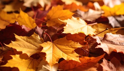 A close-up view of autumn leaves.  Colorful maple leaves, various shades of yellow, orange, and red, scattered on the ground.  Warm sunlight highlights the vibrant hues