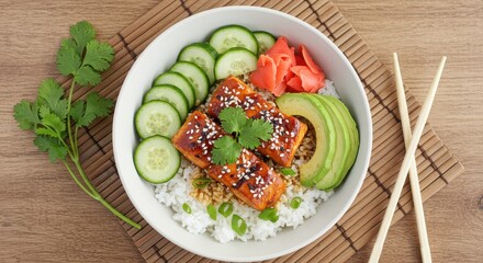 Colorful Salmon Bowl with Rice, Avocado, Cucumber, and Ginger Garnish on Wooden Surface