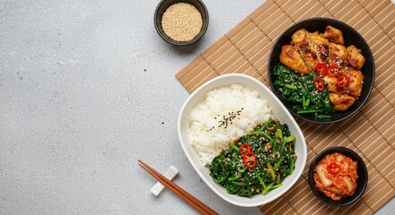 Delicious Asian Cuisine with Grilled Chicken, Rice, Greens, and Spicy Kimchi on a Bamboo Mat