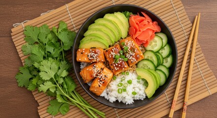 Delicious salmon bowl with rice, avocado, cucumber, pickled ginger, sesame seeds, and fresh cilantro on a bamboo mat surface