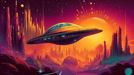 Flying Saucer Over Alien City, Retro Sci-fi Illustration