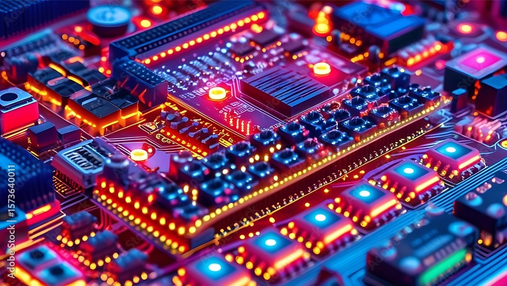 Poster close-up of a vibrant, illuminated circuit board with intricate components and a colorful, futuristi