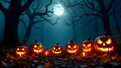 Halloween night with pumpkins and spooky forest