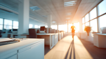 Modern office with sunlight streaming through large windows. A person walks towards the light, leaving a long shadow. Desk and office equipment in the foreground are slightly blurred.