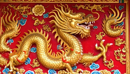 Golden dragon carving on red background