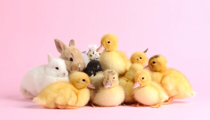 A cluster of fluffy baby animals.  A group of  adorable ducklings and bunnies on a pink background, with small white flowers