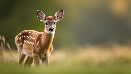 Gentle white-tailed deer fawn seen resting on soft grass with warm sunlight