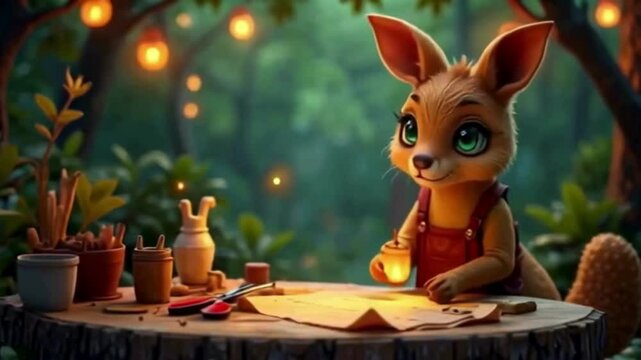 Delightful forest scene featuring an animated fox character amidst nature's glow, evoking warmth and fantasy with charming details in an animated setting.