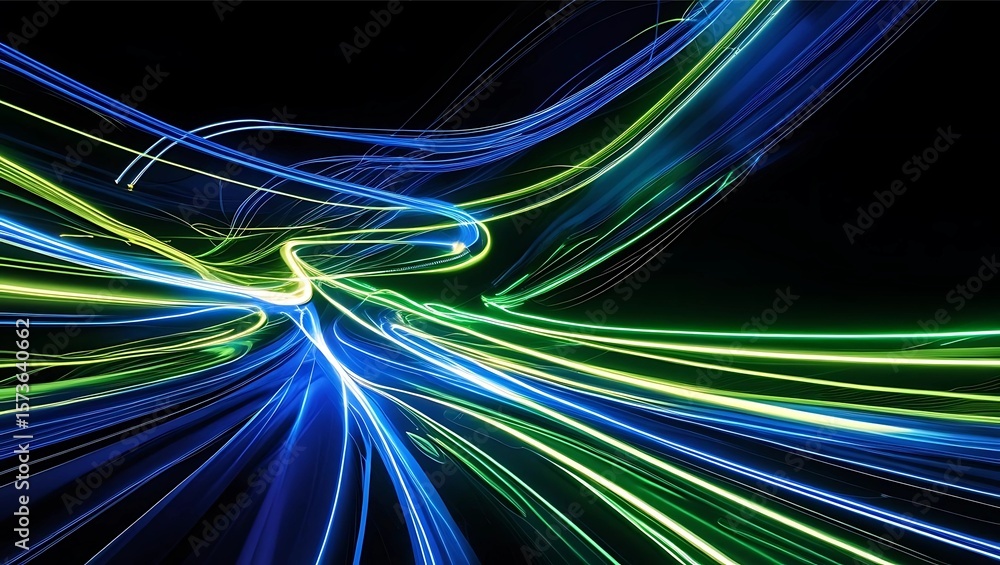 Poster abstract image of flowing blue and green light trails against a black background, creating a dynamic