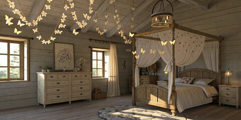 A rustic chic bedroom with vintage wooden furniture and delicate butterfly mobiles made from paper and thread hanging from the ceiling, lit by golden-hour light, realistic 3D rendering.
