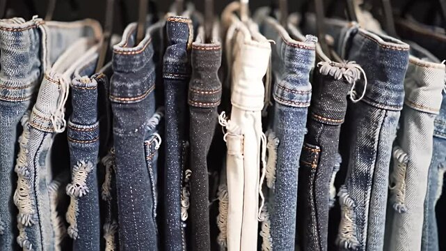 Hangers holding various styles of blue and white denim jeans in a closet