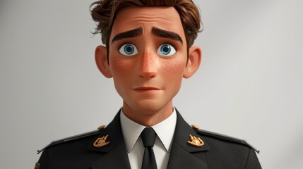 Animated man with fair skin and blue eyes in uniform, looking thoughtful