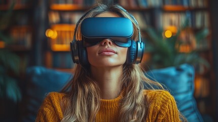 Woman engrossed in virtual reality experience.