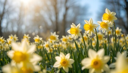 Fototapeta premium Vibrant daffodil flowers blooming brightly in a golden field under sunny skies — a stunning seasonal display of spring beauty in the peaceful countryside landscape.