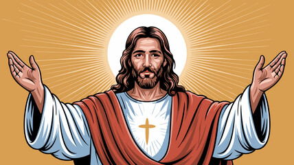 Illustrative depiction of a religious figure with open arms against a radiant light