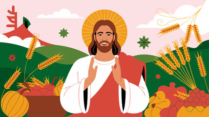 Religious depiction of a spiritual figure with an abstract background and harvest elements
