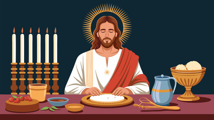 Illustrative Depiction of a Religious Figure with Symbolic Elements in a Vector Style