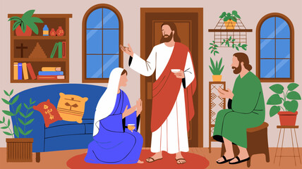 Illustrative Depiction of a Religious Scene with Figure Interactions in a Domestic Setting