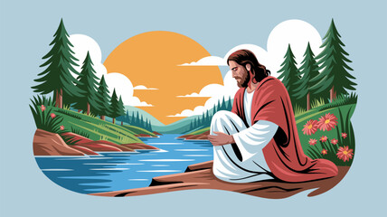 Artwork depicting a figure by a river with trees, sun, and sky in a serene landscape illustration
