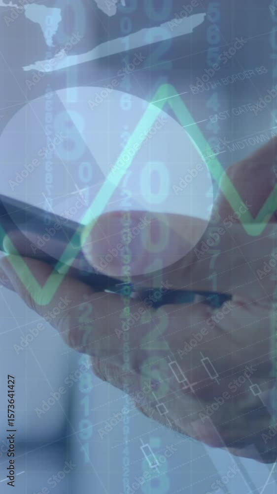 Poster animation of data processing over caucasian businessman using smartphone