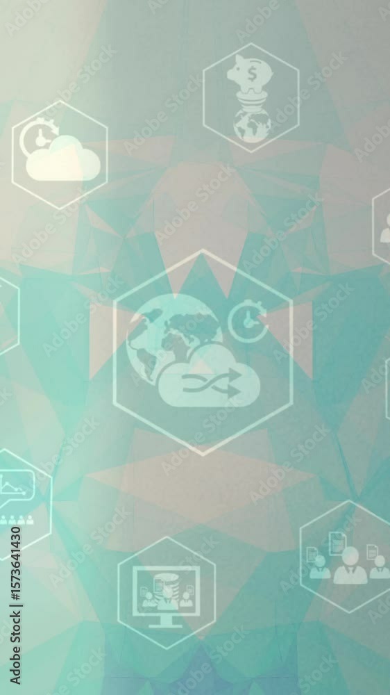 Poster network of digital icons and plexus networks against green gradient background