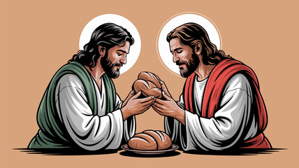Visual depiction of a religious moment featuring two figures and bread vector illustration