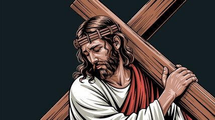 An Artistic Depiction of a Man Bearing a Cross, Symbolizing Sacrifice and Religious Belief